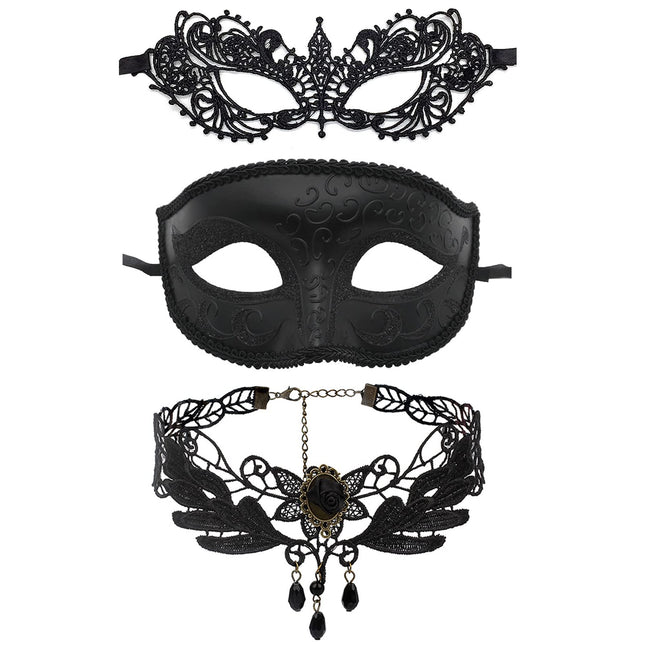 JewelryWe Ehted 3 tk maskikaelakee komplekt must seksikas paar Veneetsia pitsist silmamask gooti kaelakee kaelarihmaga naiste maskeraadi kostüüm Halloweeni karnevalipeoks Cosplay