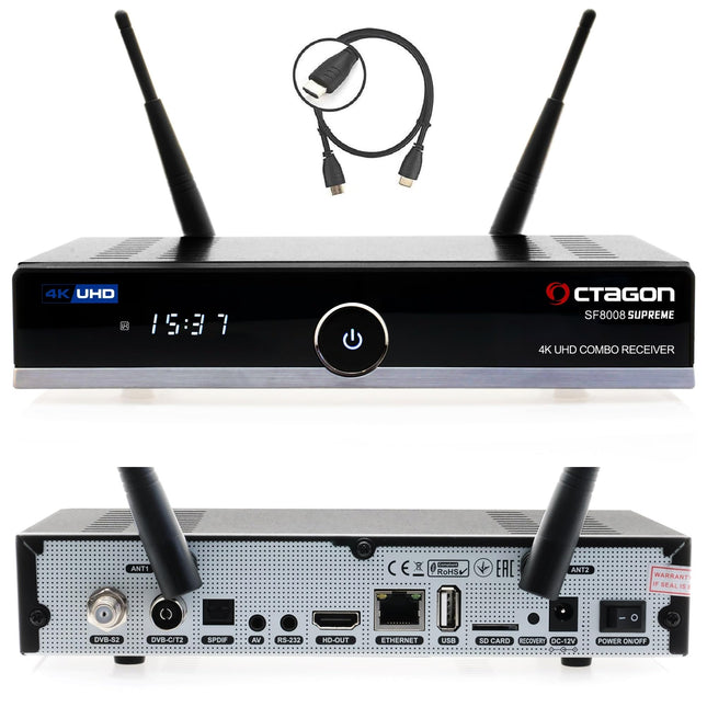 Octagon SF8008 UHD 4K Supreme kombovastuvõtja, satelliit-, kaabel- ja DVB-T2 vastuvõtja, E2 Linux ja Define operatsioonisüsteem, PVR-salvestusfunktsiooniga, M.2 M-võti, gigabiti LAN, Bluetooth, kaardilugeja, satelliit-IP, WiFi WLAN