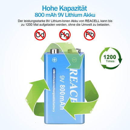 REACELL 2 Pack 9V Block Battery 800mAh USB Rechargeable Lithium Battery 1.5 Hours Fast Charging 9V Battery Suitable for Smoke Detectors