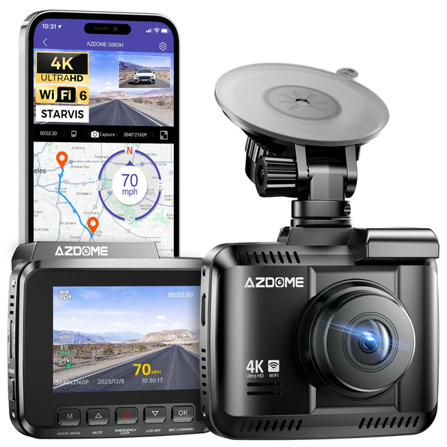 AZDOME autokaamera 4K resolutsiooniga, WiFi autokaamera GPS-iga, öönägemisega autokaamera, 170° lainurk, WDR, 2.4" IPS, 24/7 parkimise jälgimine, liikumistuvastus, tsükkelsalvestus (GS63H)