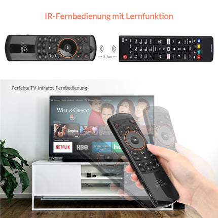 Rii Air Mouse with 6-Axis Gyroscope, Wireless Keyboard and Mouse Set, Rechargeable, Universal Remote Control for HTPC/TV Box, PC Remote Control with IR Learning Function, QWERTZ, 2.4GHz, Black