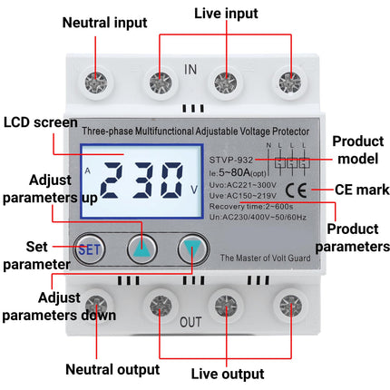 Ülepingekaitse 230V/400V AC reguleeritav pingekaitse STVP-932 3-faasiline LCD multifunktsionaalne iselähtestuv pingekaitse (63A)