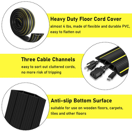 Floor Cable Cover, 1.8 m, Floor Cable Cover, Heavy-Duty Rubber Cable Protector, 3 Channels, Cable Management, Extension Cable Cover, Concealer for Home, Office, Outdoor, Easy Unroll, Black