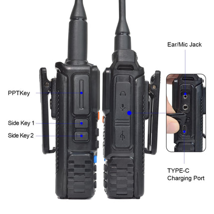 QUANSHENG UV-5RPLUS 5W raadiosaatja, pika levialaga laetav pihuraadio täiskasvanutele, politseiraadio FM, NOAA, C-tüüpi laadimisega, 200 kanaliga (UV-5RPLUS kaabliga)