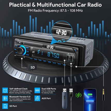 RDS Car Radio Bluetooth for 9-24V, FM/AM 1Din With Hands-Free System, 7 Colors, 2 USB/MP3 Player/AUX/SD/Independent Clock, 30 Stations Stored