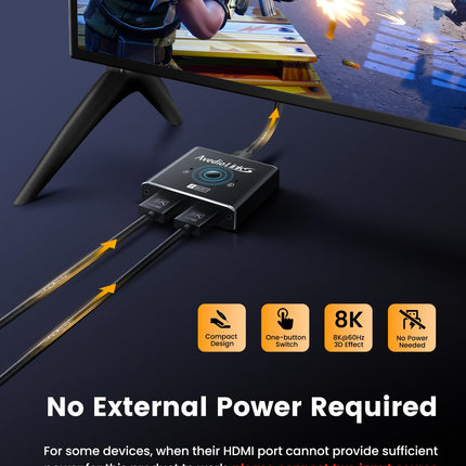 8K HDMI-lüliti jaotur, avedio links alumiiniumist kahesuunaline HDMI-lüliti 2 sisendit 1 väljundit või 1 sisendit 2 väljundit, HDMI 2.1 lüliti jaotur toetab 8K 4K-d PS5/4 HDTV jaoks