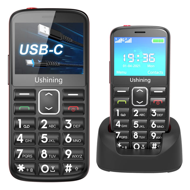 ukuu seenioridele mõeldud mobiiltelefon ilma lepinguta laadimisjaamaga 2,3-tolline USB-C klaviatuuriga mobiiltelefon ilma lepinguta suurte nuppudega GSM-mobiiltelefon SOS-hädaabikõne nupuga klaviatuuriga mobiiltelefon seenioridele must