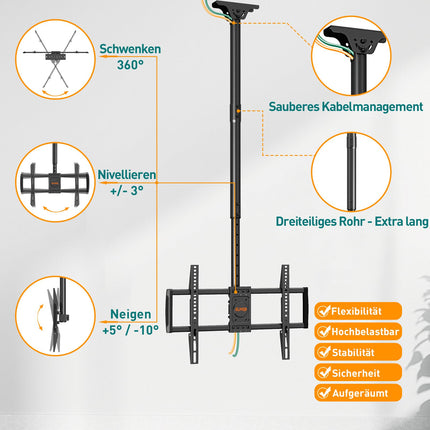 ELIVED teleri laekinnitus enamiku 37–75-tolliste lame- ja kumerate telerite jaoks kuni 50 kg, max. VESA 600x400 mm, kõrgusega reguleeritav laeteleri kinnitus lame- või kaldkatustele, EV3016