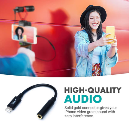 Movo IMA-1 3.5mm TRRS Microphone Adapter Cable to Lightning Connector Dongle, Compatible with Apple iPhone, iPad, Smartphones, and Tablets, Optimized for Microphones/Pro Audio, Black
