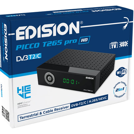 EDISION Picco T265 pro HD maapealse ja kaabeltelevisiooni vastuvõtja DVB-T2/C H.265 HEVC FTA Full HD, PVR, USB, HDMI, SCART, S/PDIF, IR-Eye, USB WiFi tugi, universaalne 2-ühes kaugjuhtimispult, 2-ühes toiteplokk