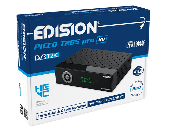 EDISION Picco T265 pro HD maapealse ja kaabeltelevisiooni vastuvõtja DVB-T2/C H.265 HEVC FTA Full HD, PVR, USB, HDMI, SCART, S/PDIF, IR-Eye, USB WiFi tugi, universaalne 2-ühes kaugjuhtimispult, 2-ühes toiteplokk