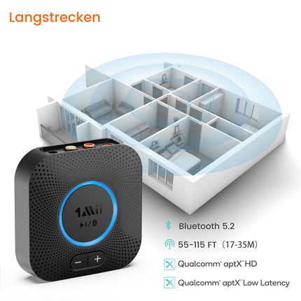 1Mii B06S Bluetooth-audioadapter helitugevuse regulaatoriga, HiFi Bluetooth 5.2 vastuvõtja, aptX HD ja madala latentsusega traadita audiovastuvõtja stereokõlarite jaoks, kahekordne ühendus