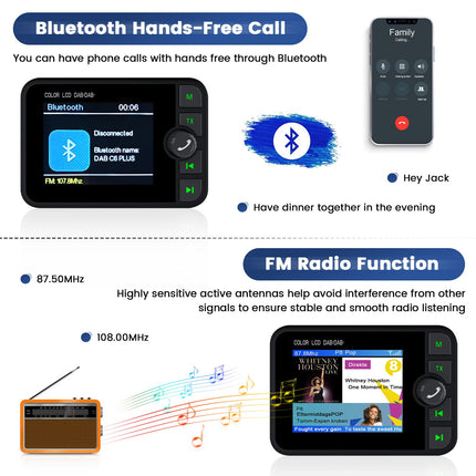 Hikity DAB/DAB+ raadioadapter autoraadiole/kodukasutuseks, 2,4-tolline LCD kaasaskantav autoraadio DAB FM-saatjaga, Bluetooth käed-vabad MP3-mängija, DAB+ digitaalne raadiotuuner TF-taasesituse/Aux-väljundiga