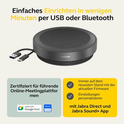 Jabra Speak2 75 wireless speakerphone with USB-A Bluetooth adapter, 4 noise-cancelling microphones, 65 mm wideband speaker, certified for Zoom and Google Meet, dark grey