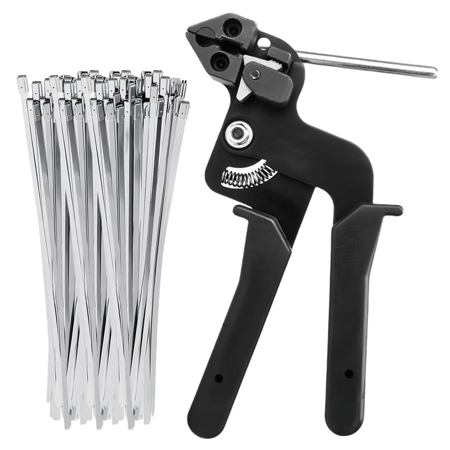 BYZESTY Cable Tie Tool, 100 Pack Stainless Steel Cable Ties with Cable Tie Gun, Cable Tie Pliers for Locking and Cutting, 200mm x 4.6mm
