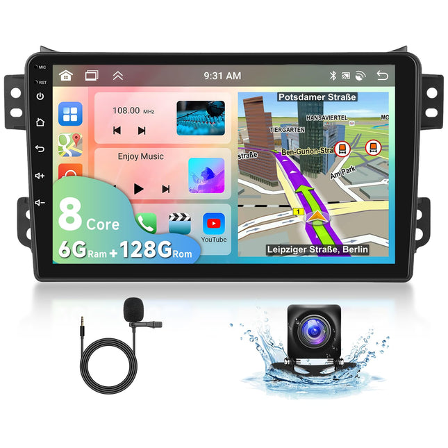 6G+128G 8-Core Podofo 9" Car Radio Bluetooth For Suzuki Splash Ritz/Opel Agila B 2004-2014 Carplay Android Auto Wireless,WiFi GPS Navi HiFi/RDS/FM DSP,Android 13 Radio 2 din with AHD Rear View Camera