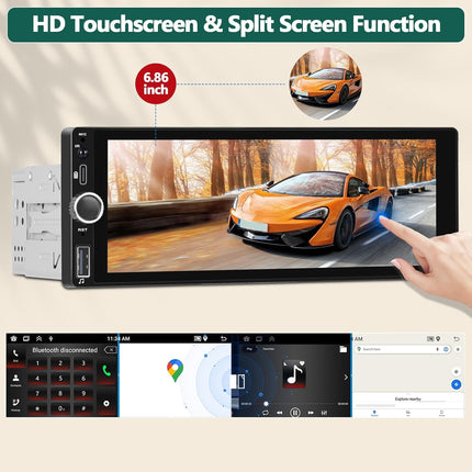 Android 13 2+64GB 1-din autoraadio Carplay, Android Auto, MP5-mängija, 6,86-tollise HD puutetundliku ekraaniga karastatud klaasist autoraadio Bluetoothi, FM/RDS-i, ekvalaiseriga WiFi, GPS-i, SWC ja Mirror Linkiga
