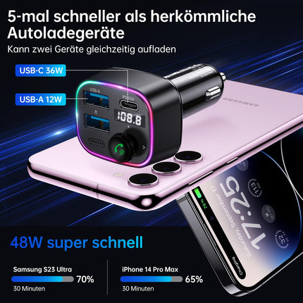 Syncwire FM-saatja auto Bluetooth 5.4 48W (PD 36W ja 12W) Bluetooth-adapter autole koos [lülitiga] [HiFi bassheli] [kiirlaadimisega] käed-vabad autolaadija sigaretisüütajaga