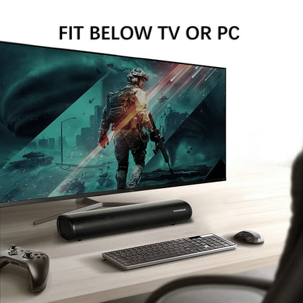 TKMARS Mini Soundbar for TVs with Subwoofer, 10 Meter Wireless Connection Range, 3 Equalizer Modes, Small for Optical/Auxiliary/USB Connection/Bluetooth/Aux/HDIM