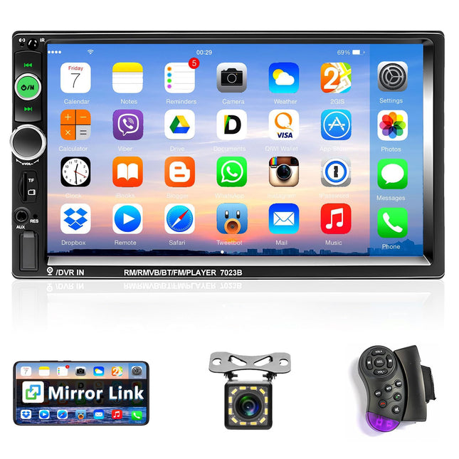 Podofo 2 Din Car Radio with Bluetooth, 7 Inch Car Radio with Screen MP5 Player Support FM Radio/AUX/Mirror Link/Steering Wheel Control/Remote Control + 12 Lights Rear View Camera