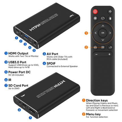 4K HD Media Player, MYPIN HDMI/AV/Coax Output for MP4 MP3 MKV with Remote Control, Videos and Photos with USB3.0 Drive/SD Card/HDD/External Device, Supports the Use of Internal