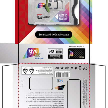 TELE Systemi Tivùsat 4K Ultra HD sertifitseeritud kaamera kanalite vaatamiseks kõrglahutusega ja 4K resolutsiooniga. Televiisori ja dekoodri pesaga kaamera, aktiivne kiipkaart kaasas. Serie A koos DAZN-iga tivùsatil.