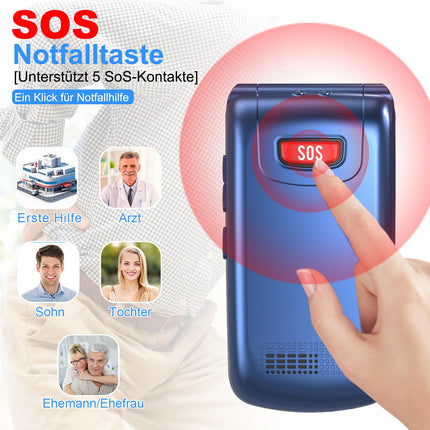 4G Flip Phone for Seniors with Large Buttons, Dual-SIM Flip Mobile Phone with Charging Cradle | SOS Emergency Call Function | Speed ​​Dial | Flashlight | FM Radio | 2.4+1.77 Inch Dual Color Display | Blue