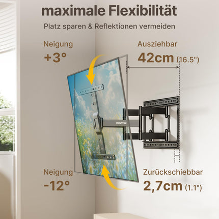 monTEK 1.1" üliõhuke teleri seinakinnitus 37-75-tollistele teleritele, vastupidav teleri seinakinnitus kuni 60 kg, täielikult liigutatav teleri kronstein, max. VESA 400x400 mm