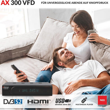 RED OPTICUM AX 300 VFD satelliitvastuvõtja PVR-iga | Digitaalne HD satelliitvastuvõtja tähtnumbrilise ekraaniga - DVB-S2 - HDMI - SCART - USB 2.0 - koaksiaalheli | 12V toiteallikas ideaalne telkimiseks