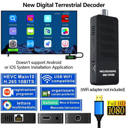 Digitaalne maapealne dekooder 2024, DVB-T2 mini-TV-pulk, HD 1080P H.265 HEVC 10-bitine, toetab HDMI, AV, Etherneti, USB Wi-Fi, projektorit, PVR-i, multimeediat [2-ühes kaugjuhtimispult teleri juhtimisega]
