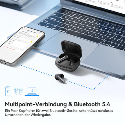 EarFun Air Pro 4 Bluetooth-kõrvaklapid adaptiivse hübriidmüra summutusega, aptX Lossless tehnoloogia, kõrglahutusega heli, LDAC, 6 mikrofoni, cVc 8.0 tehisintellektiga kõned, 52-tunnine aku tööiga, Multipoint, Bluetooth 5.4 ja kõrvasisese tuvastus.