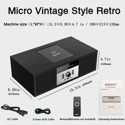 Kompaktsed süsteemid Nostalgiline Bluetooth-stereosüsteem koju, WISCENT Vintage Micro HiFi Systems CD-mängija, Bluetooth-heli voogedastusega, FM-raadio, USB-port, Aux-sisend, kõrvaklapipesa