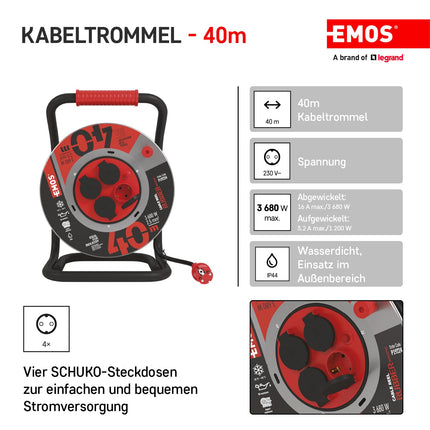 EMOS - 40m lehtterasest kaablirull - 4 Schuko pistikupesa - veekindel, löögikindel, õli- ja ilmastikukindel - 230 V, 16 A, 3680 W - kummist isolatsioon - H07RN-F 2,5 mm² - IP44 välistingimustes kasutamiseks