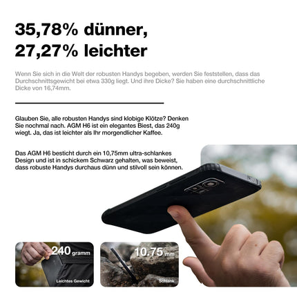 AGM H6 Üliõhuke lepinguta õuemobiiltelefon, vastupidav Androidi nutitelefon 6,56" IPS HD+, 4 GB + 128 GB 50 MP + 2 MP kaameraga, 4G kahe SIM-kaardiga IP68 / sõrmejälje ID/NFC/GPS/3 kaardipesa