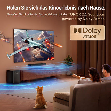 TONOR 2.1 teleri heliriba Dolby Atmosega, 5.3 Bluetooth-heliriba subwooferiga telerile, 3 ekvalaiseri režiimi/BASSMX/ruumilise heli kõlarid telerile/arvutile, kodukino helisüsteem, HDMI ARC/optiline/AUX/USB