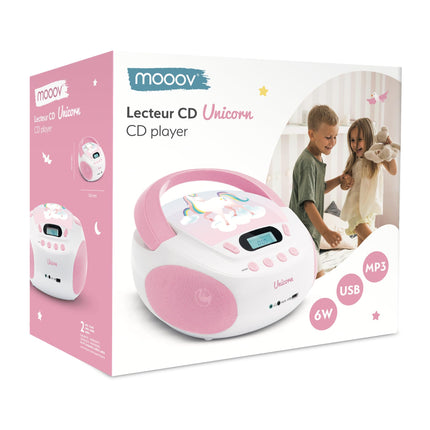 mooov 477407 CD-mängija lastele kõlarite, USB, kõrvaklapipesa ja AUX-IN-pordiga - kaasaskantav Boombox CD-mängija - töötab vooluvõrgust või patareidega - ükssarviku mudel - roosa/valge