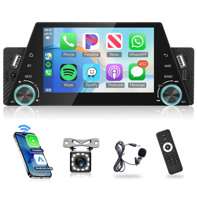 Wireless Carplay Car Radio 1 Din with Android Auto Bluetooth Handsfree 5 Inch Car Radio with Android/IOS Mirror Link Bluetooth FM Radio USB/AUX/Type C/DVR with Rear View Camera Remote Controls