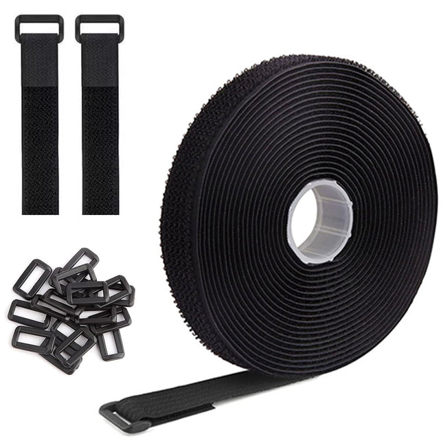 Reusable cable ties with 25 buckles, black, 5 m x 2 cm, black, adjustable fastening, cable ties, hook and loop fastener for cable management, cable management