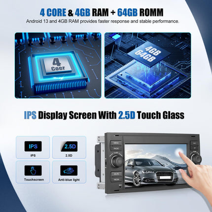4+64G CAMECHO Android 13 Car Radio for Ford Transit Fiesta Focus Galaxy Mondeo with Carplay/Android Auto/Mirrorlink, 7 inch Capacitive Touchscreen with WiFi GPS FM/RDS Bluetooth SWC+32EQ