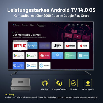 Android TV Box - 4K nutiboks Android TV 14.0, ühildub Google'i ja Netflixi sertifikaatidega, toetab Dolby Vision DD+, DTS-i, 4 GB RAM-i ja 32 GB ROM-i, WiFi6, BT5.0, AV1, HDR10+, häälassistent, Ethernet