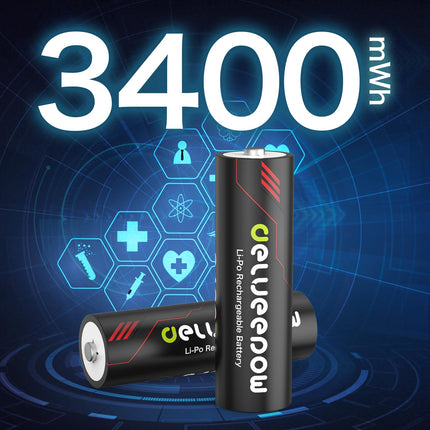 Delyeepow AA laetavad akud laadijaga, 3400mWh 1.5V liitiumakud AA, akulaadija LCD-ekraaniga, 8 pesa, kiire USB-laadimine, 1500 tsüklit