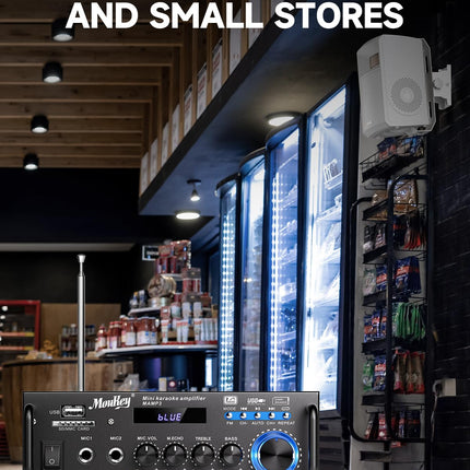 Moukey 2.0 kanaliga stereo Bluetooth karaoke võimendi, 100W stereo helivõimendi vastuvõtja, HiFi võimendi RCA, USB, SD, 2 mikrofoni sisendiga, FM-raadio autosse või koju, MAMP3
