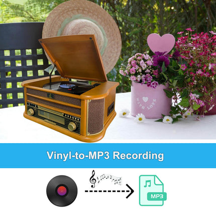 Retro record player with speaker, AM/FM radio, CD player, cassette recorder, USB playback and recording, record player in vintage design