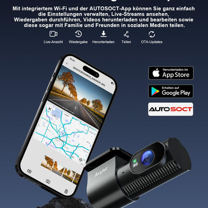 Avylet 4K+1080P auto videoregistraator esi- ja tagaosaga, Wi-Fi/rakendusega topeltkaamera parkimismonitoriga, toetab välist GPS-moodulit, öönägemist, WDR-i, 170°+150° lainurka, G-andurit, max 256GB