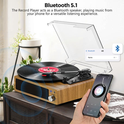 Plaadimängija, FYDEE vinüülplaadimängija Bluetoothiga, plaadimängija, vintage-stiilis plaadimängija sisseehitatud stereokõlariga, 3 kiirust 33/45/78 p/min, RCA väljund, AUX sisend, puiduvärv