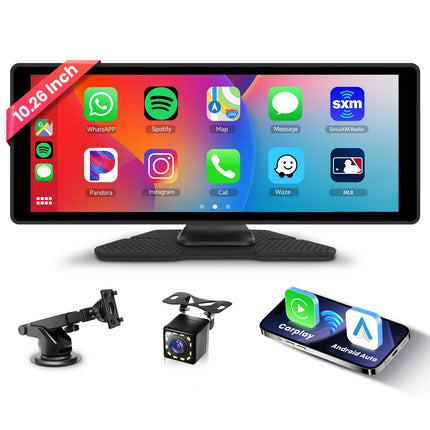 Juhtmevaba CarPlay ja Android Auto, Hodozzy 10,26-tolline kaasaskantav autoraadio Bluetoothiga ja IPS-puutetundliku ekraaniga, CarPlay ekraan koos Mirror Linki/hääljuhtimise/AUX/USB+tagurduskaameraga