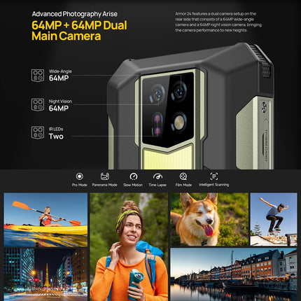 Ulefone Armor 24 24GB+256GB Outdoor Handy ohne Vertrag, Android 14 Outdoor Smartphone ohne Vertrag, 22000mAh 66W, 64MP Nachtsichtkamera IR, 6.78" FHD+, 1000Lumen LED Licht, Dual 4G LTE/NFC/GPS/OTG