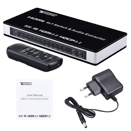 Tendak HDMI 2.0 lüliti 4-pordiline HDMI lüliti 4K HDMI jaotur HDMI lüliti 4-ühele optilise ja L/R heli ekstraktoriga kaugjuhtimispuldiga Toetab UHD 4K@60Hz HDCP 2.2 ARC 3D