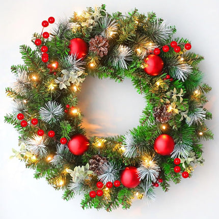 40CM door wreath Christmas illuminated, artificial Christmas wreath Advent wreath with Christmas tree balls and branches decorative wreath, Christmas decoration, Christmas decoration fir garland with lighting (A)