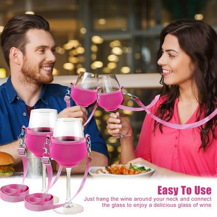 Pack of 4 wine glass holders for hanging with glass, wine glass holder for the neck, portable wine glass holder, for picnics, pool, festivals, weddings, birthday parties, large (wine glasses not included) (pink)